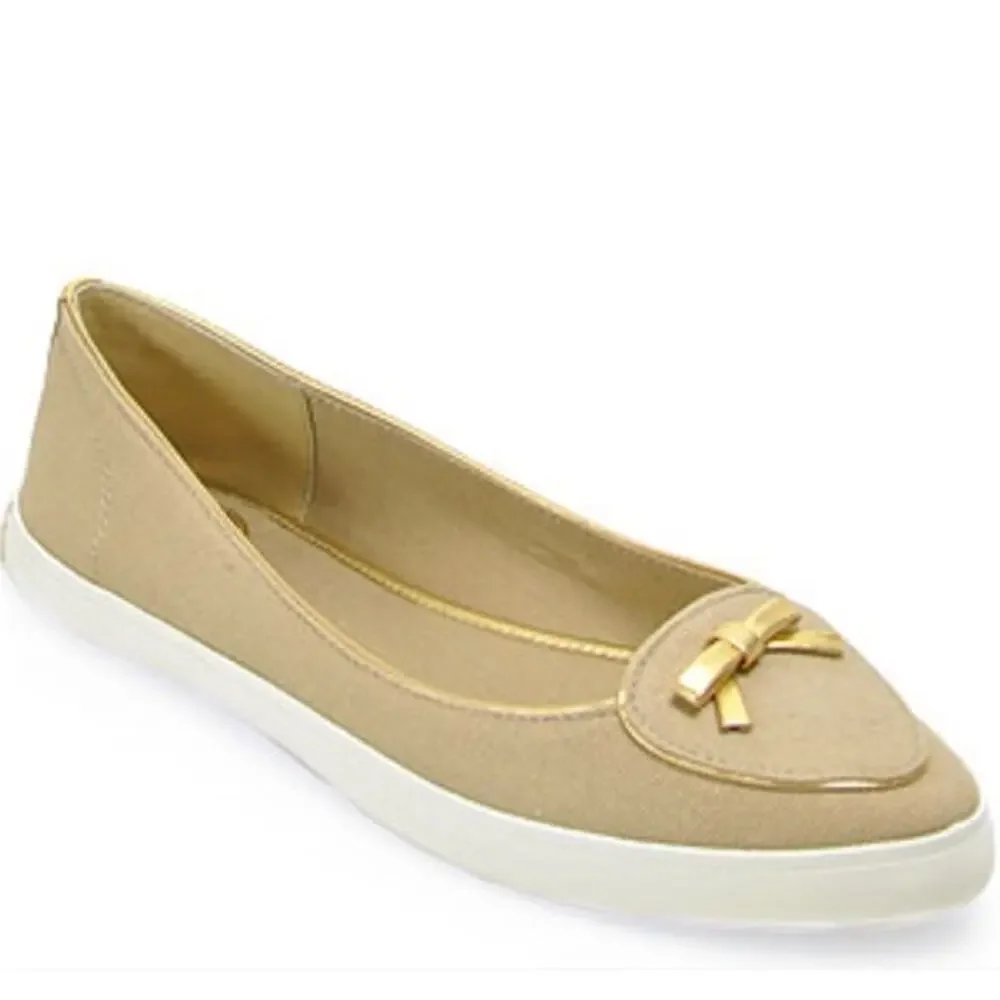 Tory Burch Dakota Flats Sneaker Canvas Leather Bow Logo Shoes, Tan/ Gold